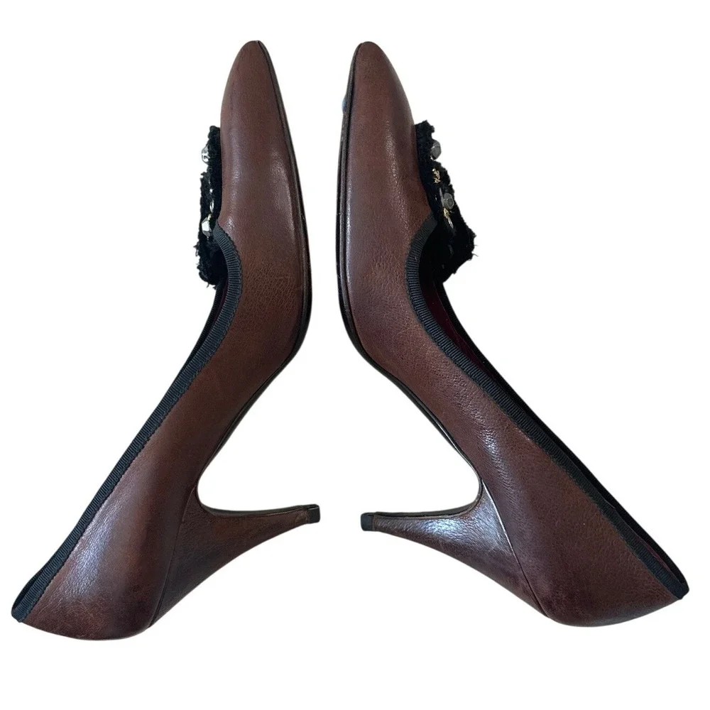 Prada Vintage Brown Leather Studded Grommet Bow Pumps Pointed Toe IT40 9.5